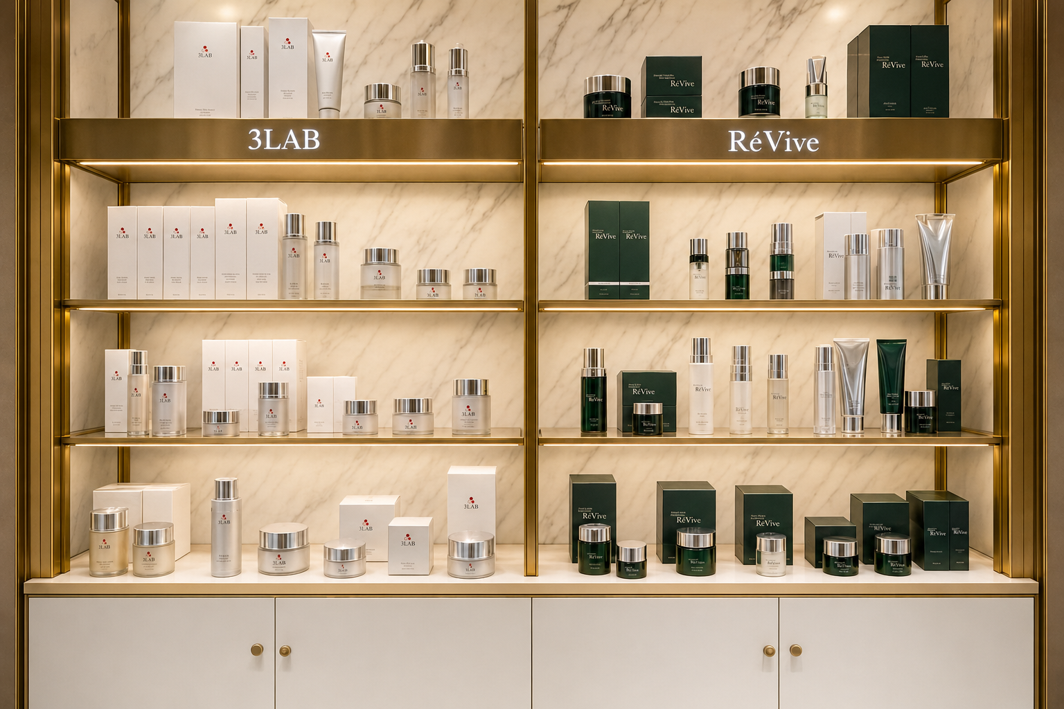3LAB and Revive skincare products displayed in a luxury spa retail cabinet