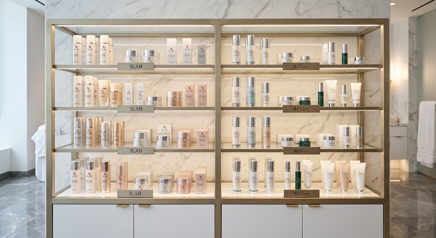 3LAB and Revive skincare display in a marble spa cabinet
