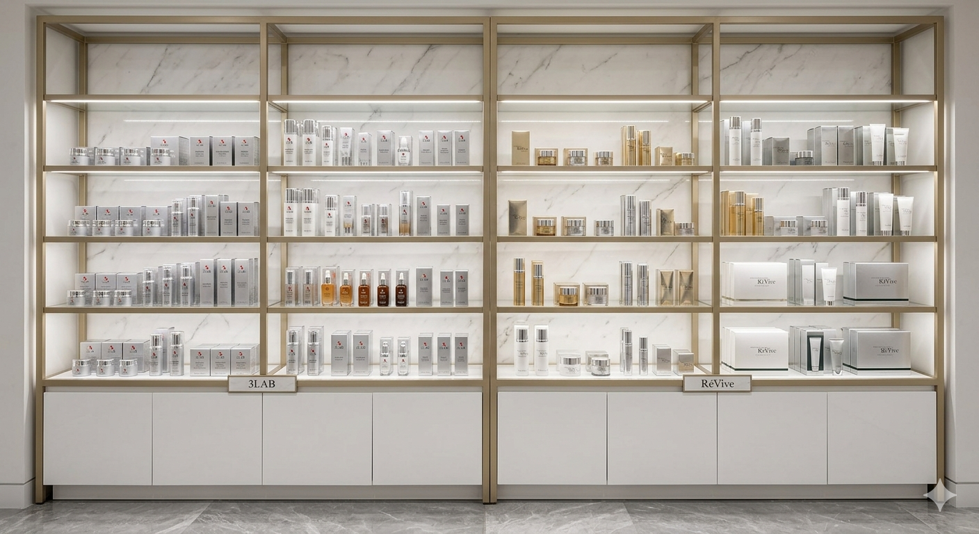 Wide luxury skincare cabinet display with 3LAB and Revive product merchandising