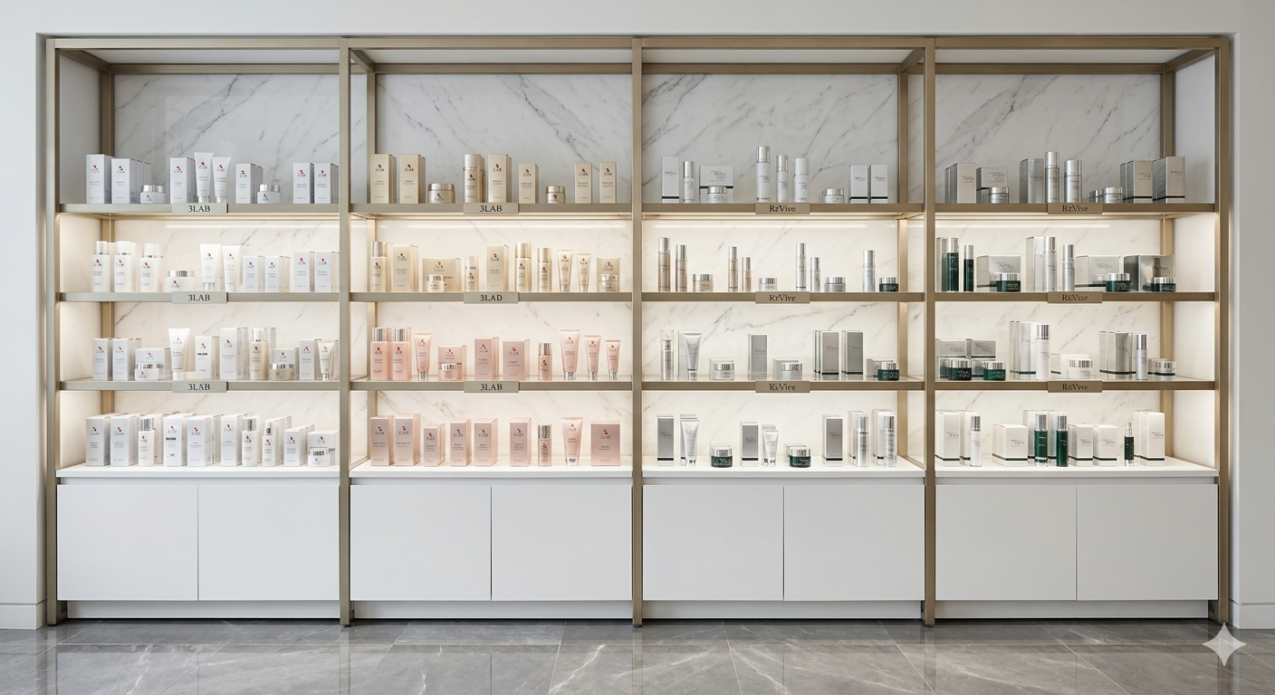 Wide spa retail wall with skincare products arranged on illuminated shelves