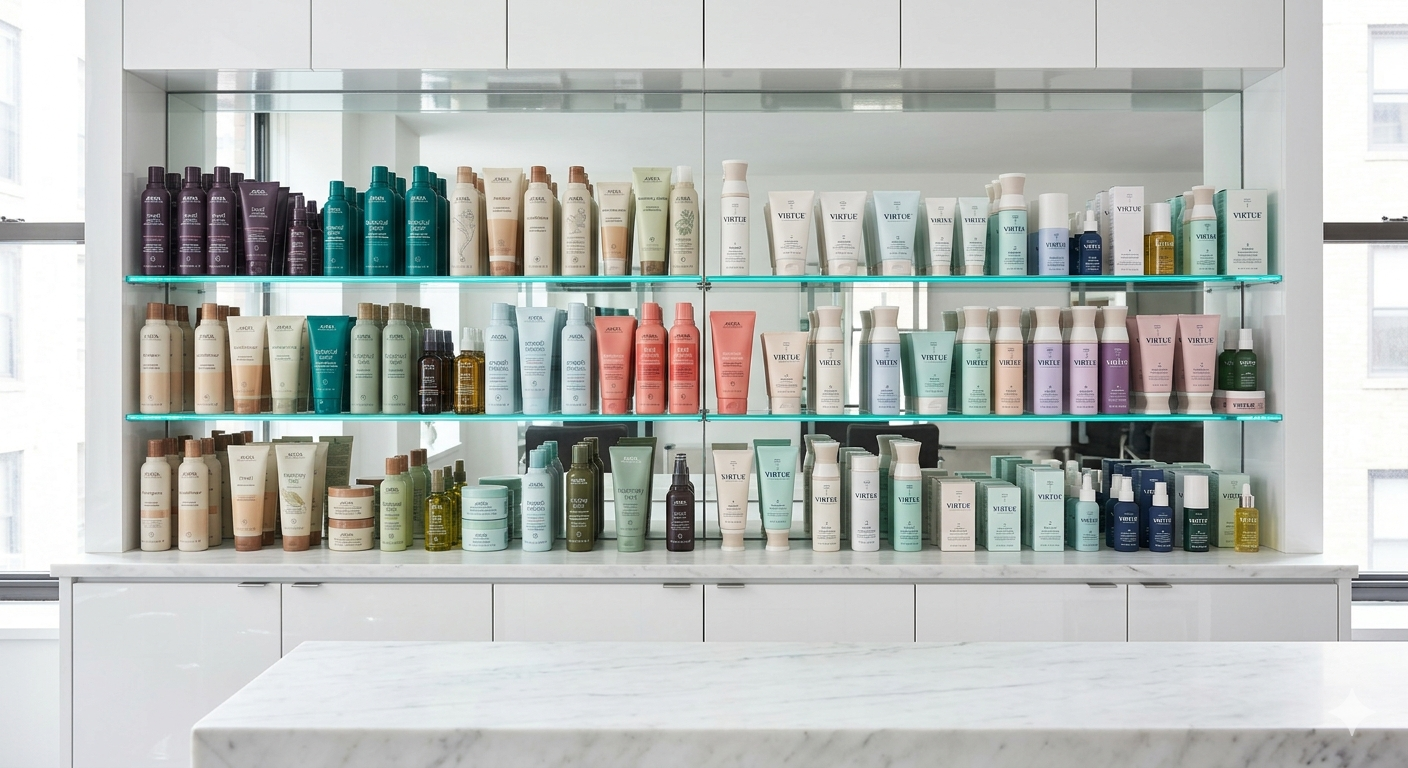 Aveda and Virtue haircare products displayed on a salon retail wall