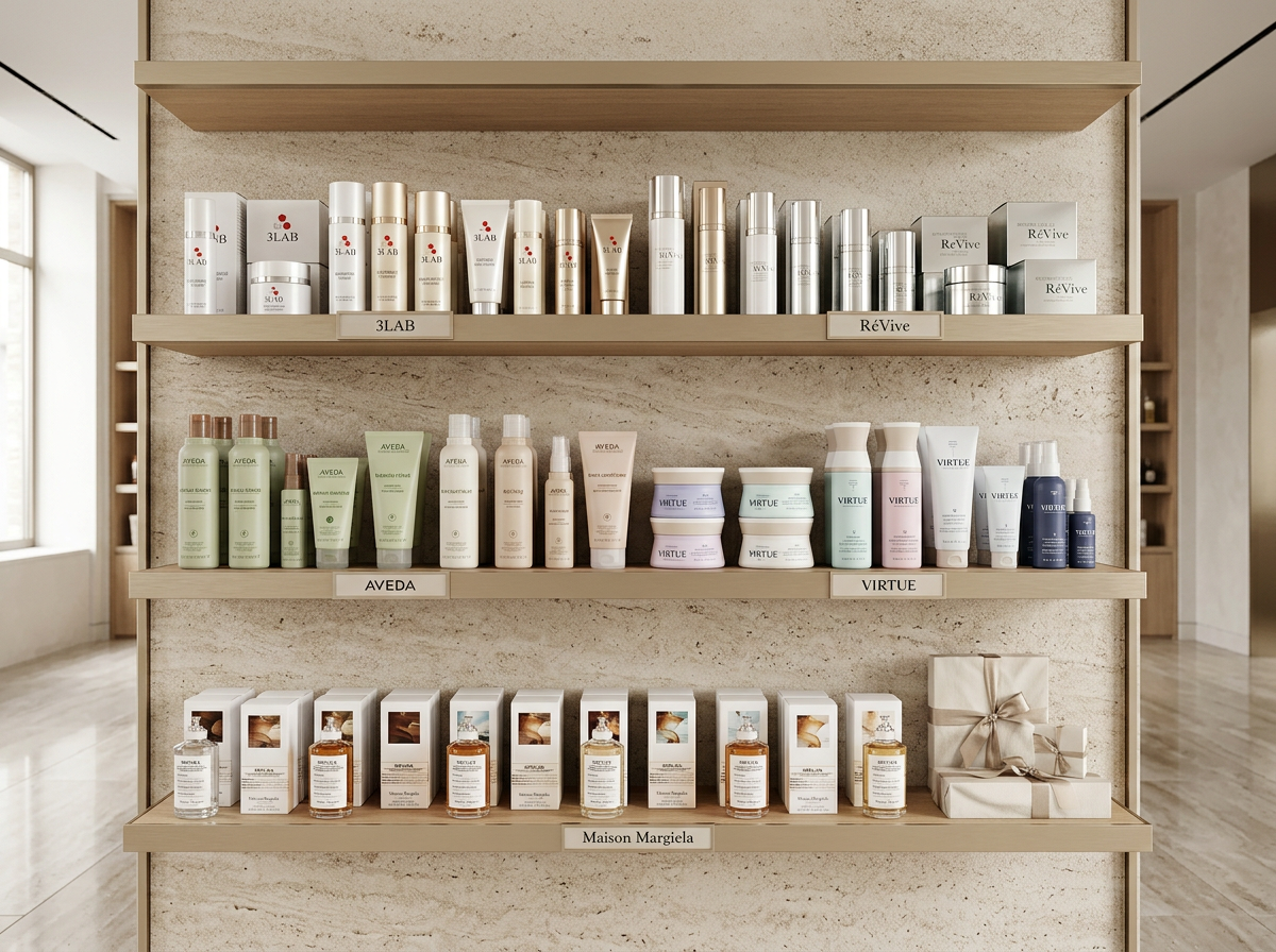 Wellness retail shelf with skincare, haircare, and fragrance displays